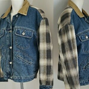 Mens UNISEX Blue Jeans Jacket Flannel Plaid Back & Sleeves Quilted Sz S, Y2K 90s